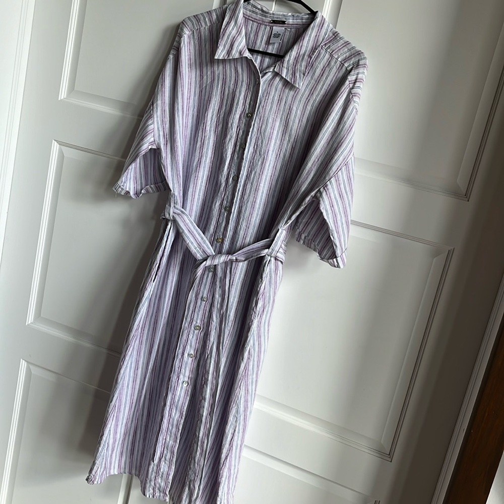 Magaschoni Linen Striped Belted Midi Shirt Dress Size L